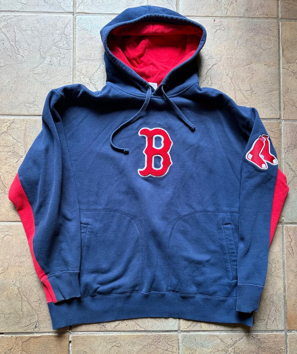Vintage Y2K Majestic Boston Red Sox Hoodie Navy Red Chenille MLB Pullover Large